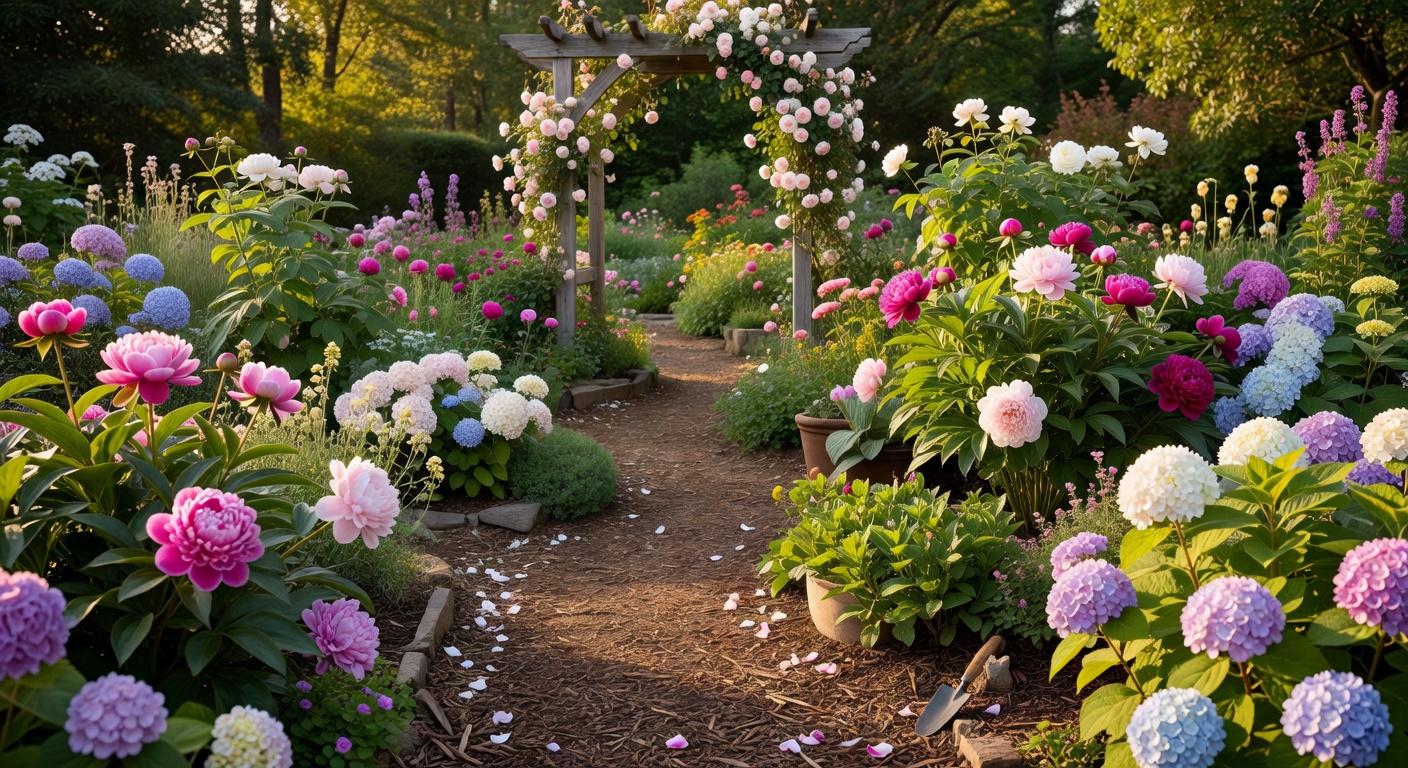 A peony garden in peak bloom